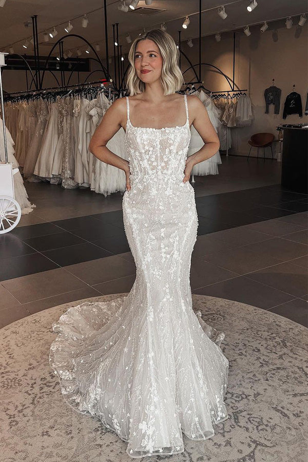 Mermaid Square Neck Tulle Lace Wedding Dress With Sweep Train